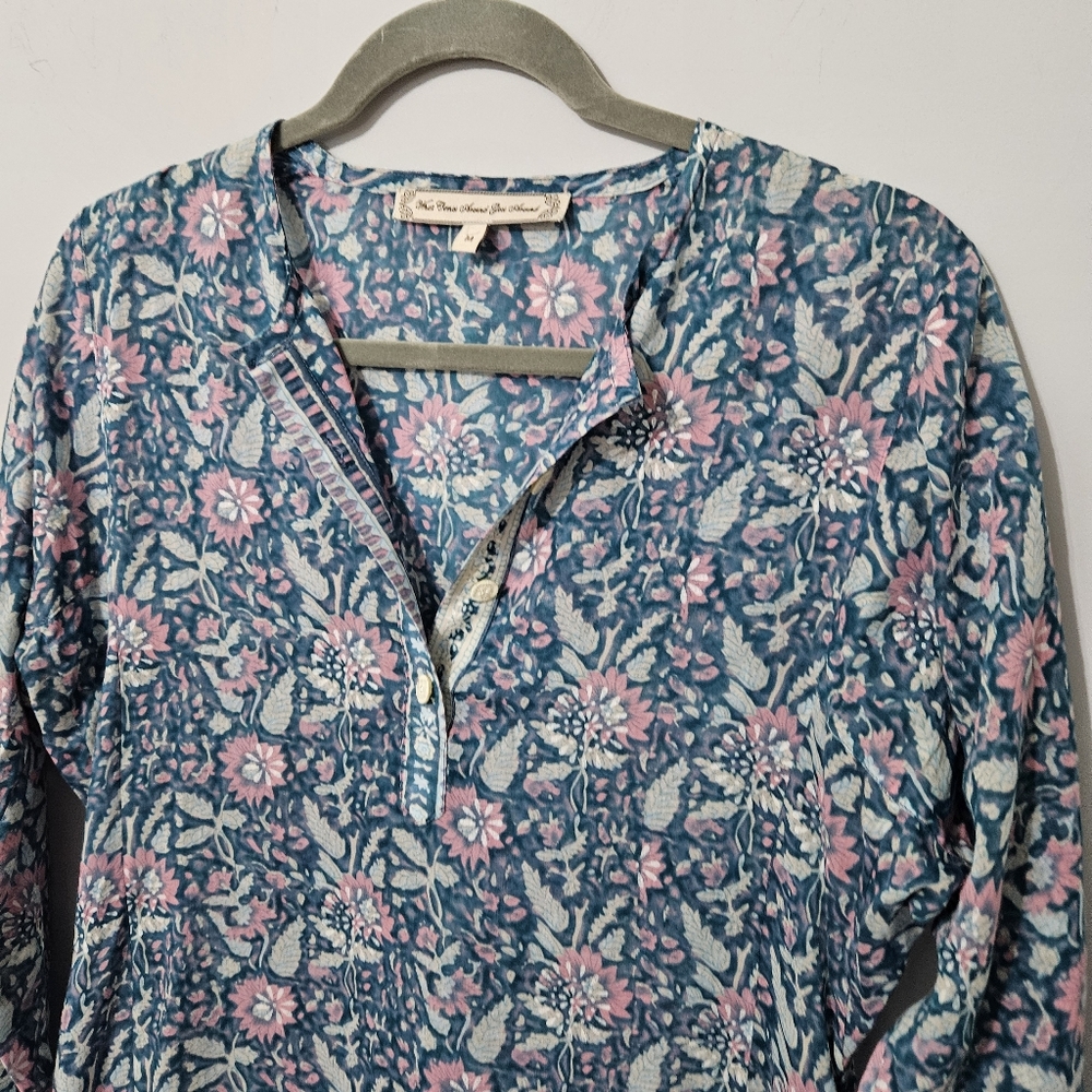 Anthropologie Cotton Silk Floral Tunic Dress Blue Pink Medium Sustainable Dainty - Picture 2 of 15